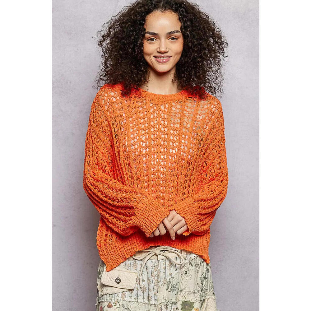Pol Openwork Round Neck High Low Knit Top